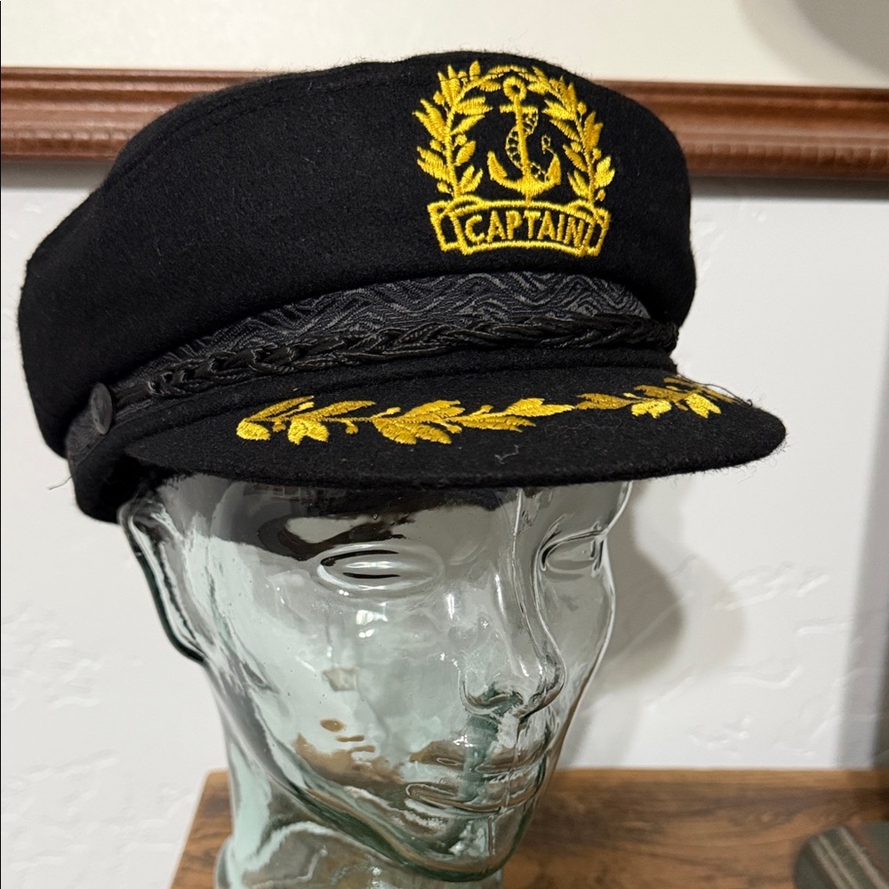 Greek Fisherman’s Black Wool Captain Hat with Gold Embroidery NWT L 7 3/8